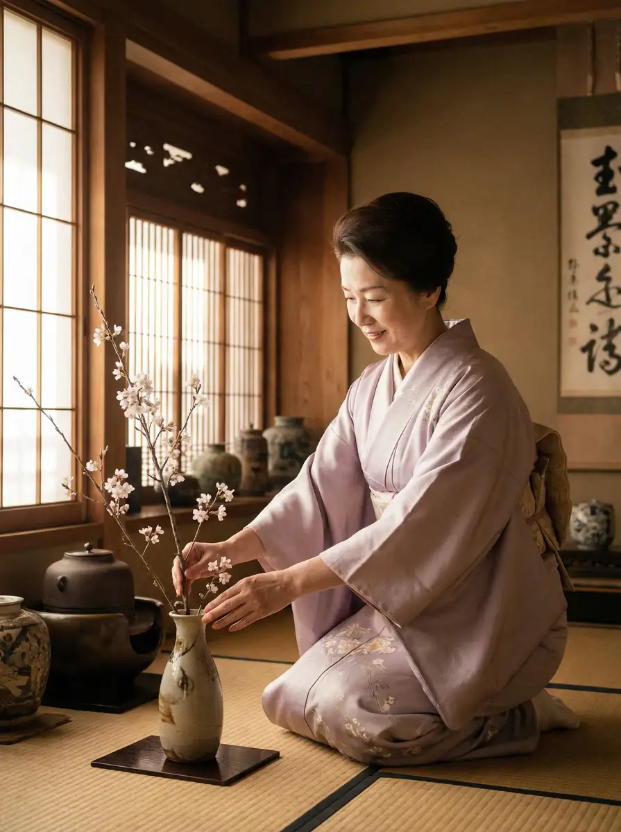 一位优雅的 [开房]开房官网_全网最全开房视频 在和室中插花